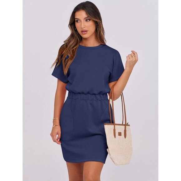 Anrabess Women Navy Blue Crew Neck Elastic Waist Mini T Shirt Dress With Pocket - Picture 3 of 6